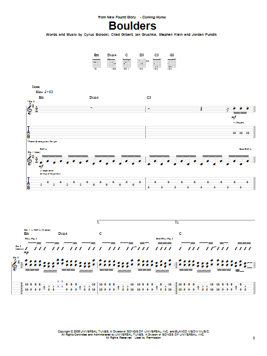 New Found Glory Boulders sheet music notes and chords arranged for Guitar Tab
