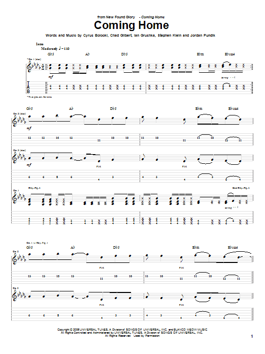 New Found Glory Coming Home sheet music notes and chords arranged for Guitar Tab