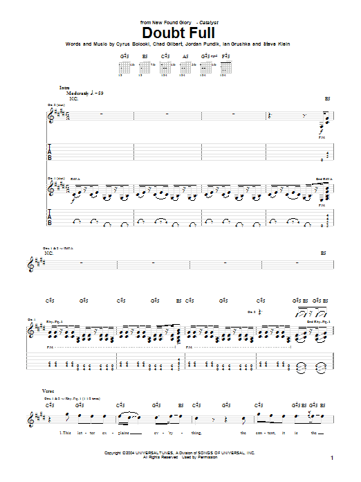New Found Glory Doubt Full sheet music notes and chords arranged for Guitar Tab