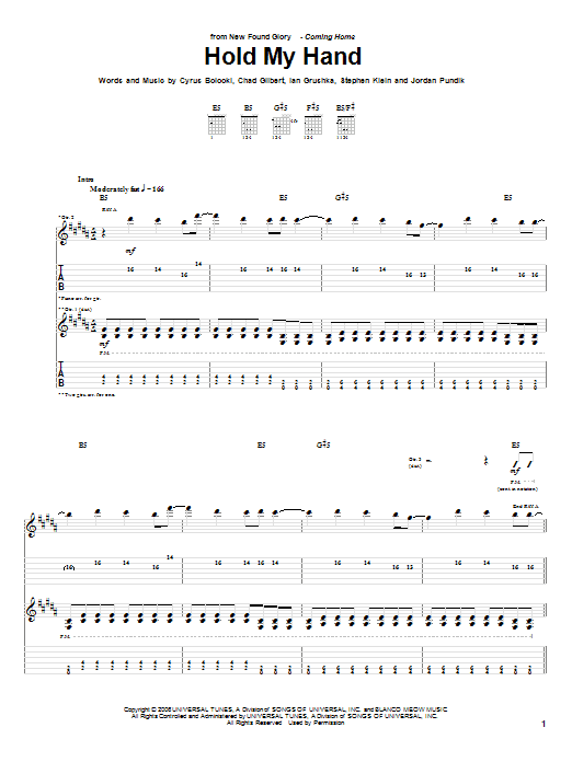 New Found Glory Hold My Hand sheet music notes and chords arranged for Guitar Tab