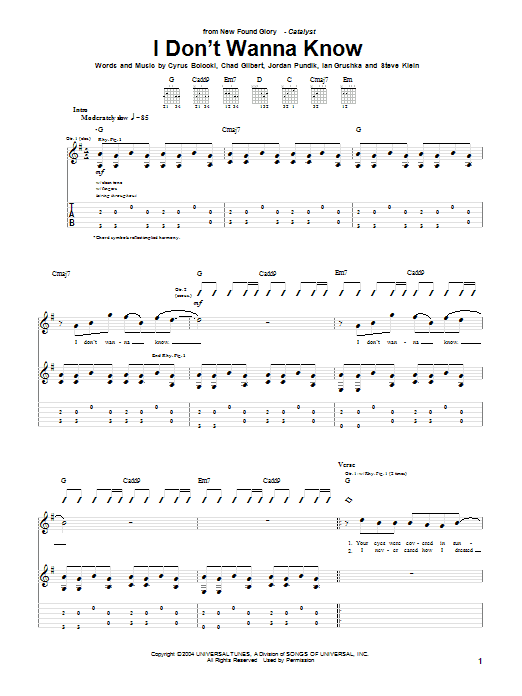 New Found Glory I Don't Wanna Know sheet music notes and chords arranged for Guitar Tab
