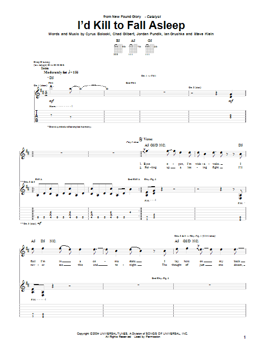 New Found Glory I'd Kill To Fall Asleep sheet music notes and chords arranged for Guitar Tab