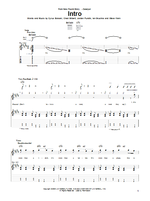 New Found Glory Intro sheet music notes and chords arranged for Guitar Tab