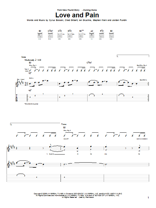 New Found Glory Love And Pain sheet music notes and chords arranged for Guitar Tab