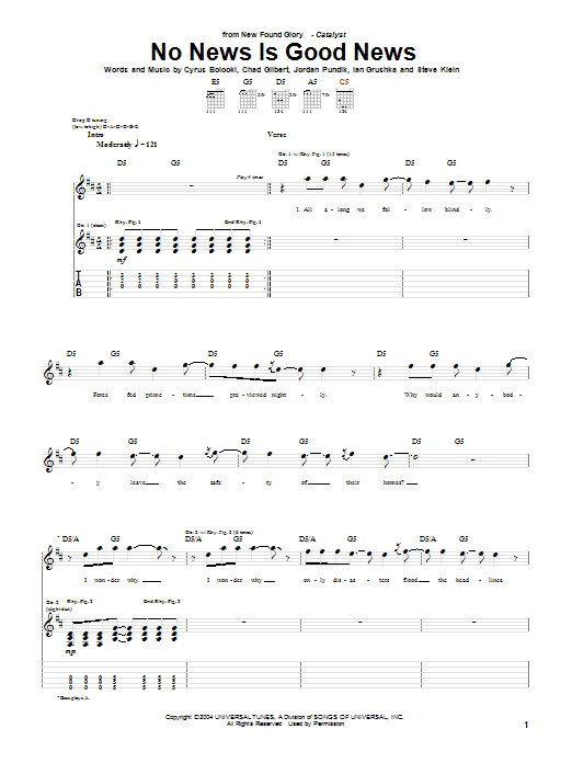 New Found Glory No News Is Good News sheet music notes and chords arranged for Guitar Tab
