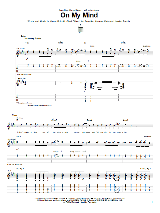 New Found Glory On My Mind sheet music notes and chords arranged for Guitar Tab