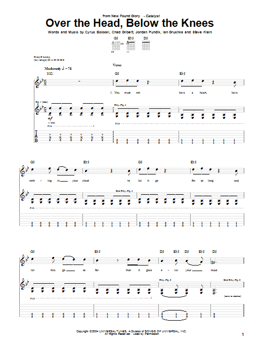 New Found Glory Over The Head, Below The Knees sheet music notes and chords arranged for Guitar Tab