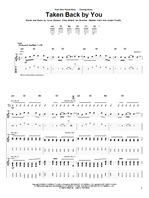 New Found Glory Taken Back By You sheet music notes and chords arranged for Guitar Tab