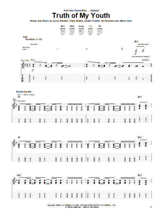 New Found Glory Truth Of My Youth sheet music notes and chords arranged for Guitar Tab