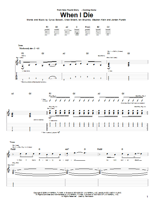 New Found Glory When I Die sheet music notes and chords arranged for Guitar Tab