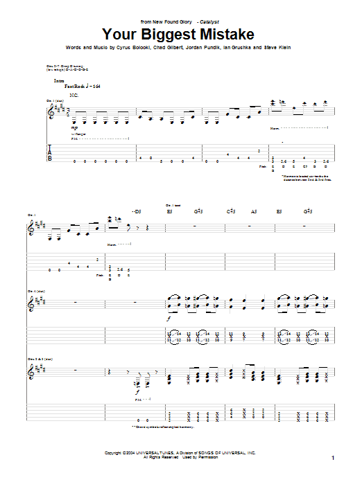 New Found Glory Your Biggest Mistake sheet music notes and chords arranged for Guitar Tab