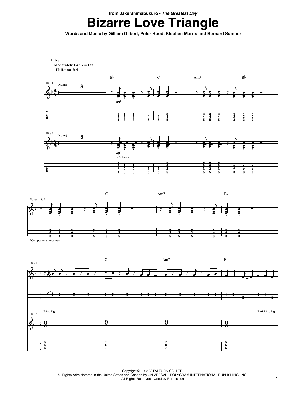 New Order Bizarre Love Triangle (arr. Jake Shimabukuro) sheet music notes and chords arranged for Ukulele Tab