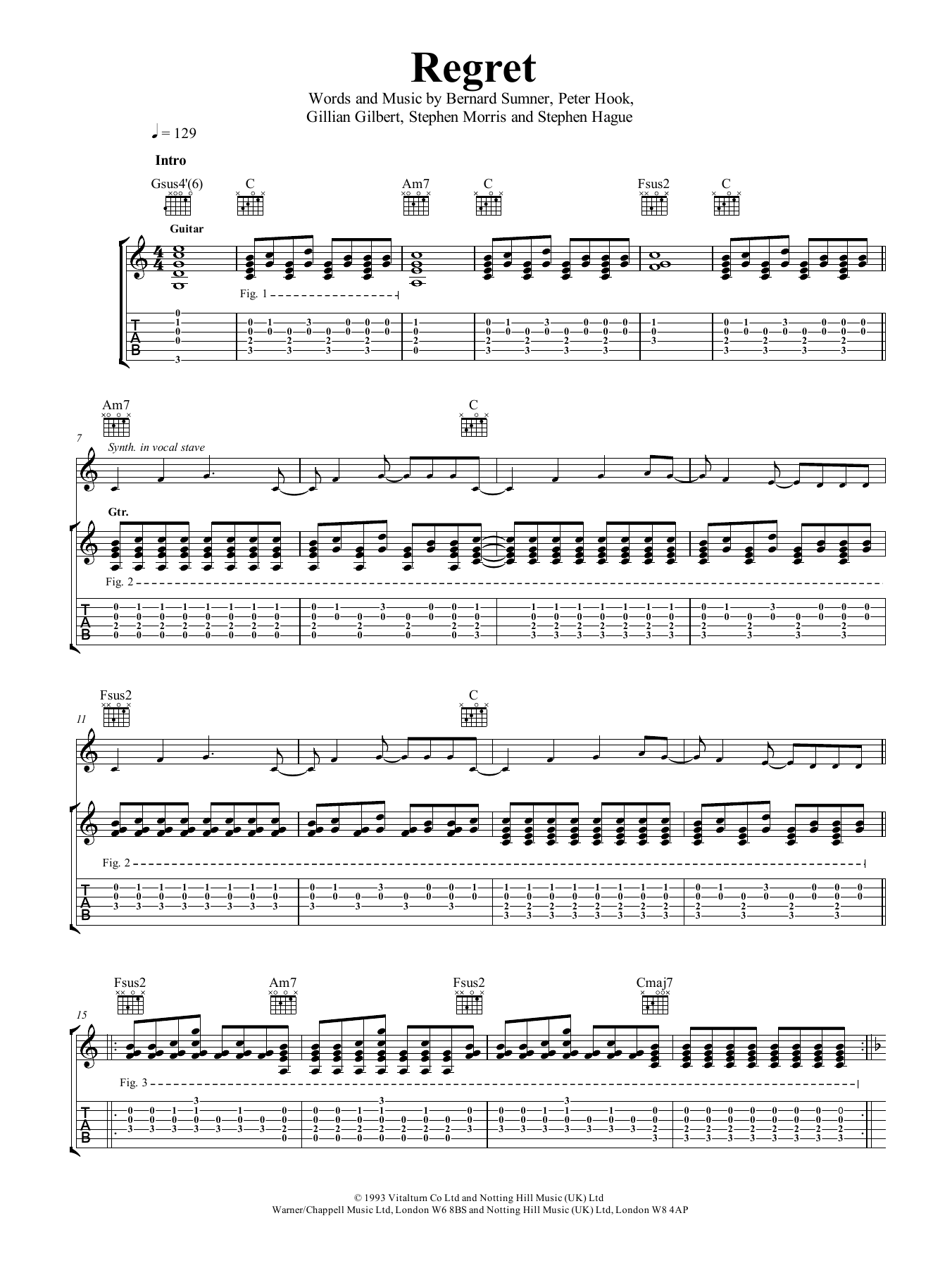 New Order Regret sheet music notes and chords arranged for Guitar Tab