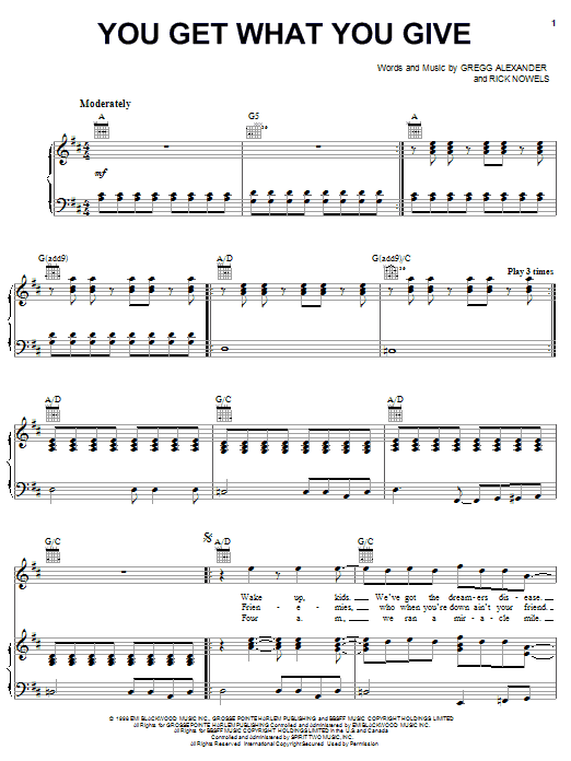 New Radicals You Get What You Give sheet music notes and chords arranged for Piano, Vocal & Guitar Chords (Right-Hand Melody)