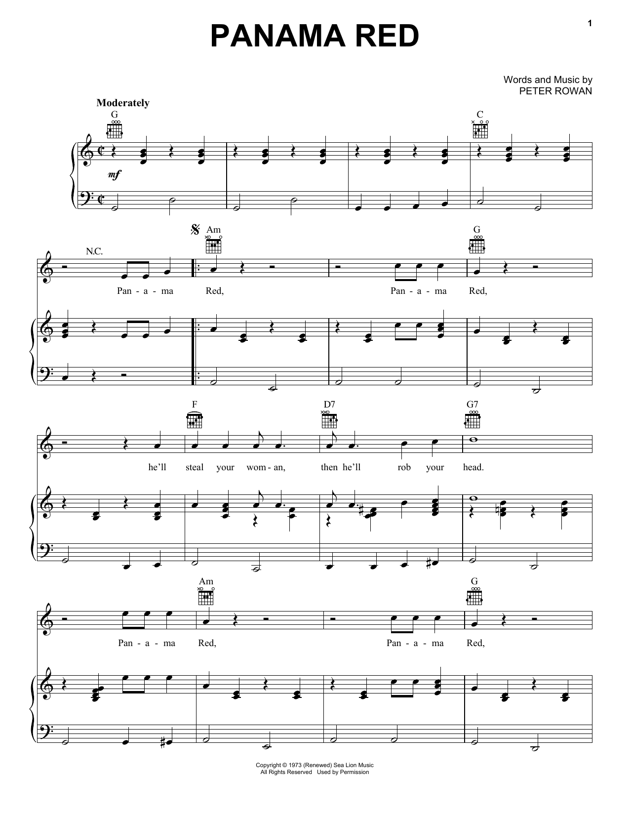New Riders of the Purple Sage Panama Red sheet music notes and chords arranged for Piano, Vocal & Guitar Chords (Right-Hand Melody)