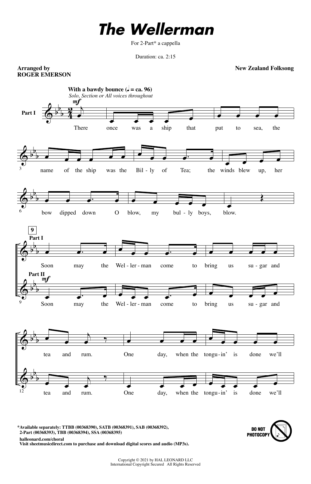 New Zealand Folksong The Wellerman (arr. Roger Emerson) sheet music notes and chords arranged for 2-Part Choir