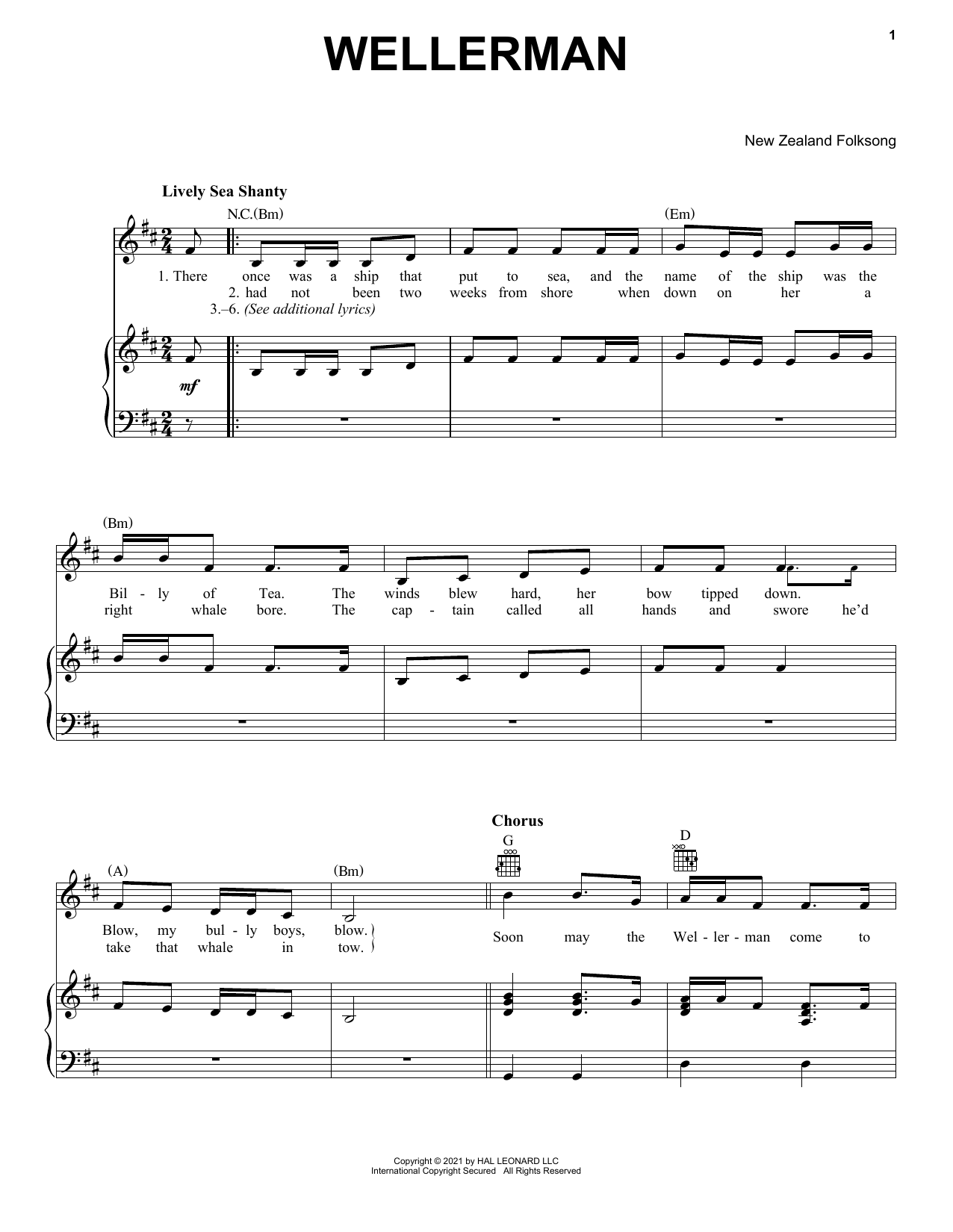 New Zealand Folksong Wellerman sheet music notes and chords arranged for Easy Piano
