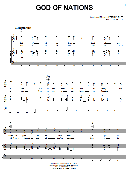 Newsboys God Of Nations sheet music notes and chords arranged for Piano, Vocal & Guitar Chords (Right-Hand Melody)