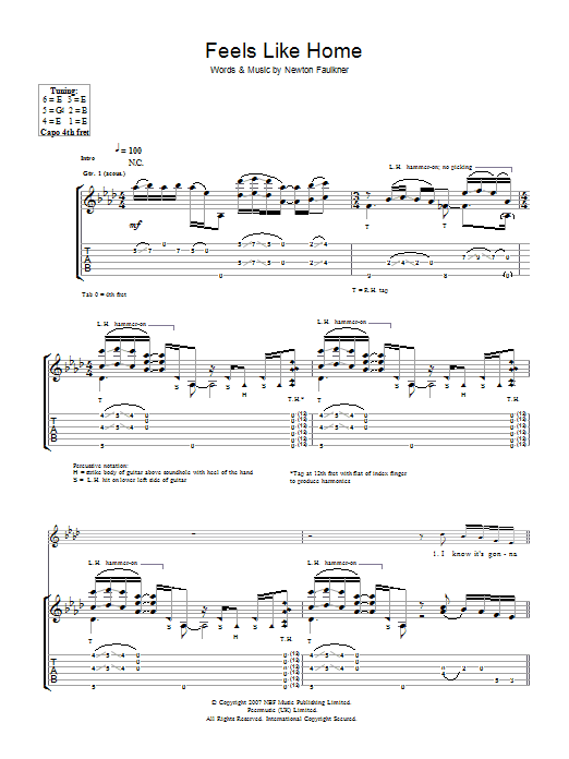 Newton Faulkner Feels Like Home sheet music notes and chords arranged for Guitar Tab