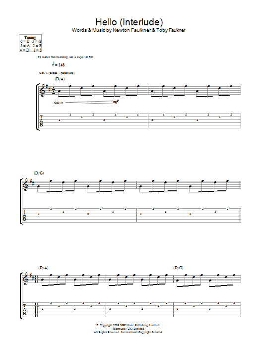 Newton Faulkner Hello (Interlude) sheet music notes and chords arranged for Guitar Tab