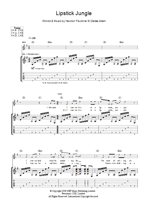 Newton Faulkner Lipstick Jungle sheet music notes and chords arranged for Guitar Tab