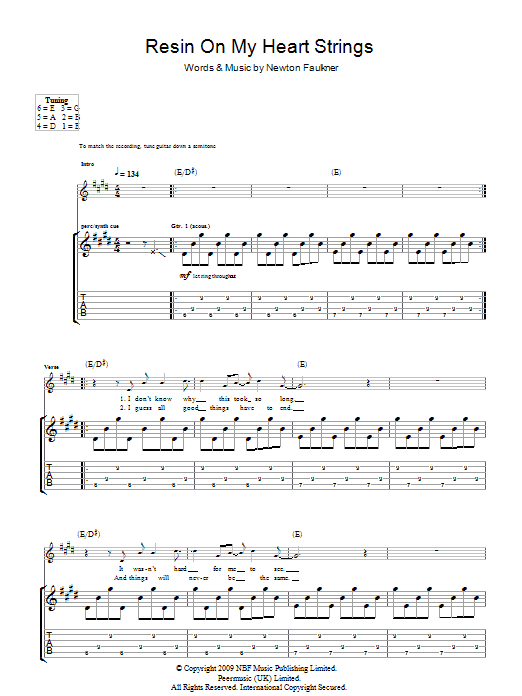 Newton Faulkner Resin On My Heart Strings sheet music notes and chords arranged for Guitar Tab