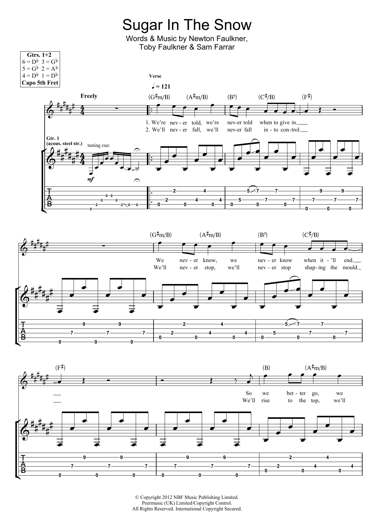 Newton Faulkner Sugar In The Snow sheet music notes and chords arranged for Guitar Tab