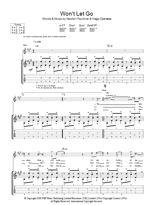 Newton Faulkner Won't Let Go sheet music notes and chords arranged for Guitar Tab