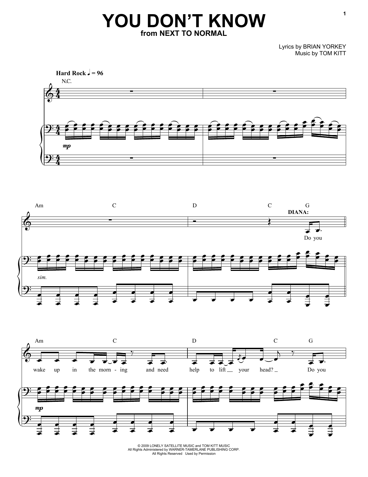 Next to Normal Cast You Don't Know (from Next to Normal) sheet music notes and chords arranged for Piano & Vocal