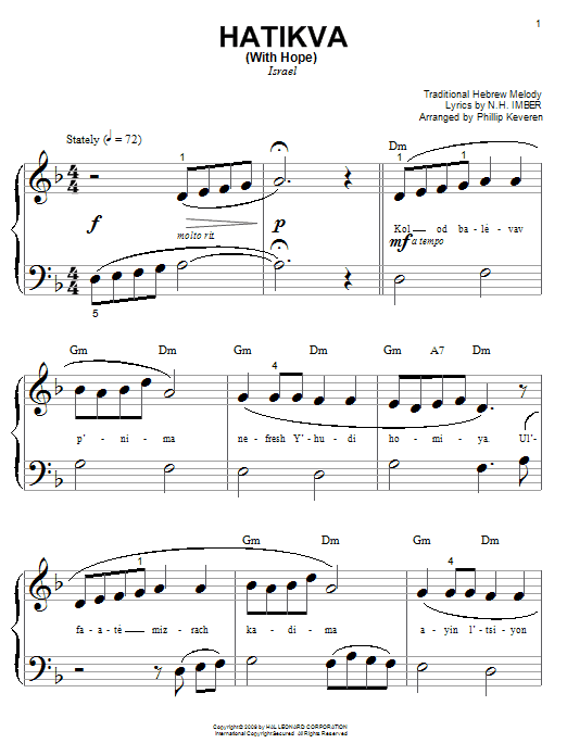 N.H. Imber Hatikvah (With Hope) (arr. Phillip Keveren) sheet music notes and chords arranged for Big Note Piano