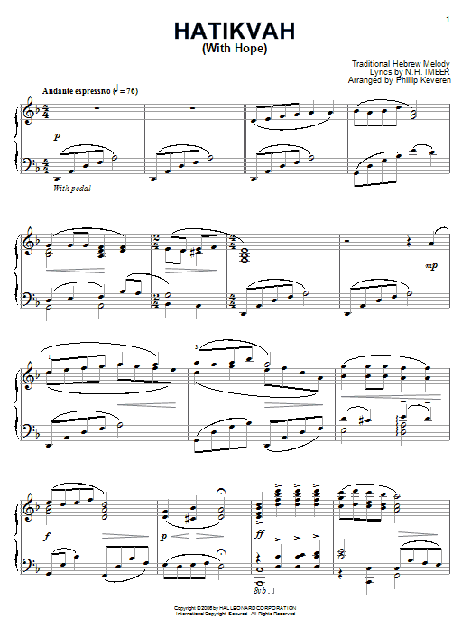 N.H. Imber Hatikvah (With Hope) sheet music notes and chords arranged for Piano, Vocal & Guitar Chords (Right-Hand Melody)