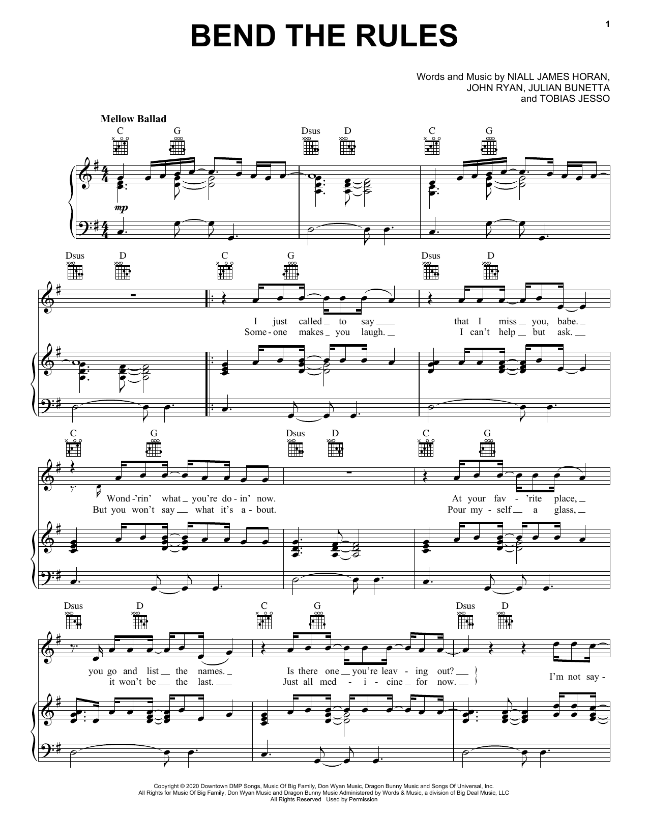 Niall Horan Bend The Rules sheet music notes and chords arranged for Piano, Vocal & Guitar Chords (Right-Hand Melody)