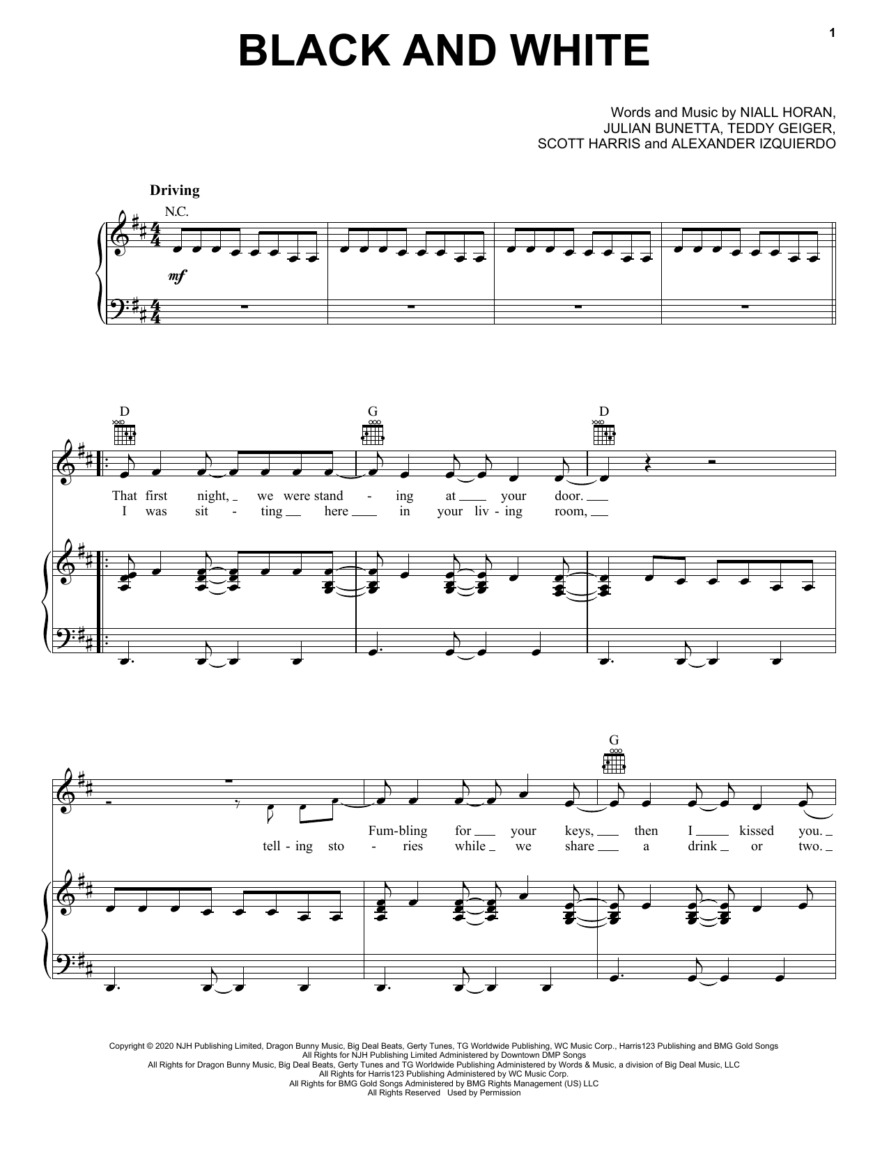 Niall Horan Black And White sheet music notes and chords arranged for Piano, Vocal & Guitar Chords (Right-Hand Melody)