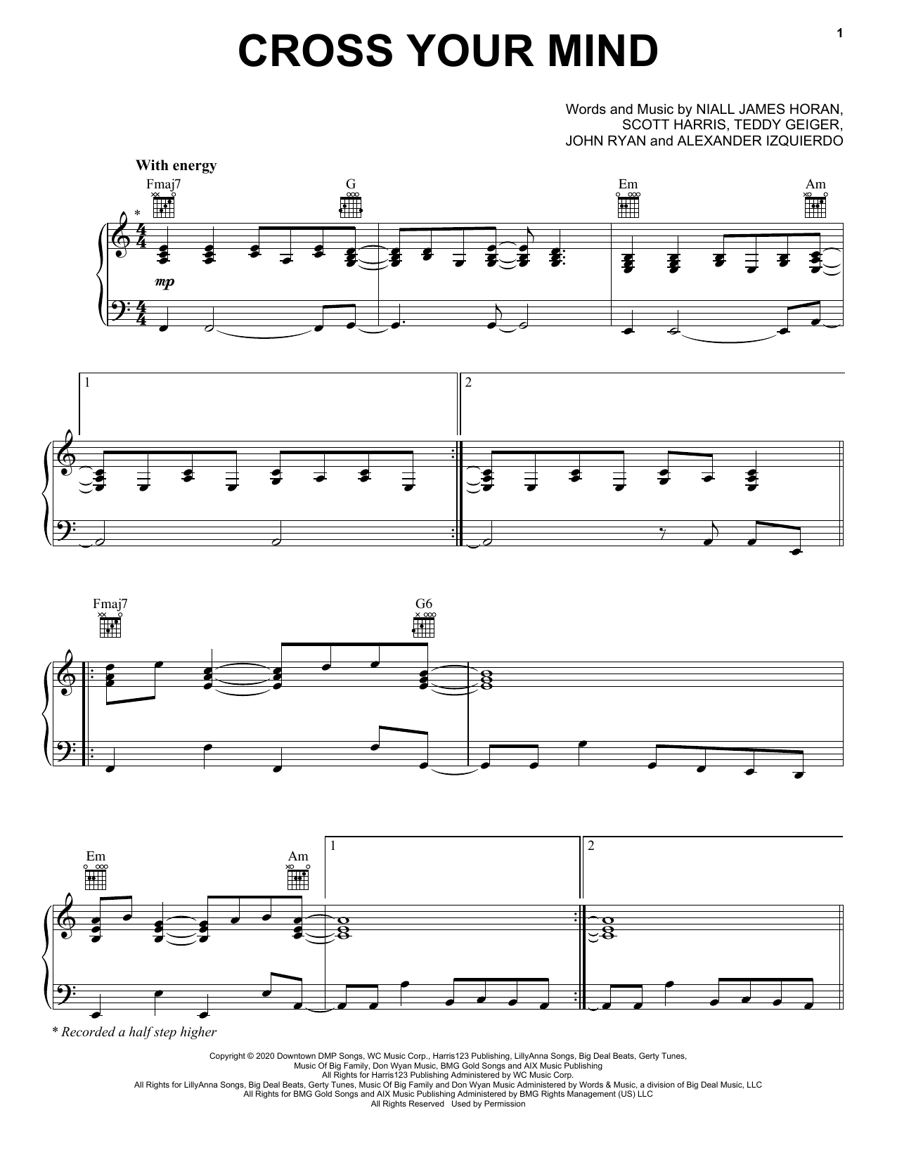 Niall Horan Cross Your Mind sheet music notes and chords arranged for Piano, Vocal & Guitar Chords (Right-Hand Melody)