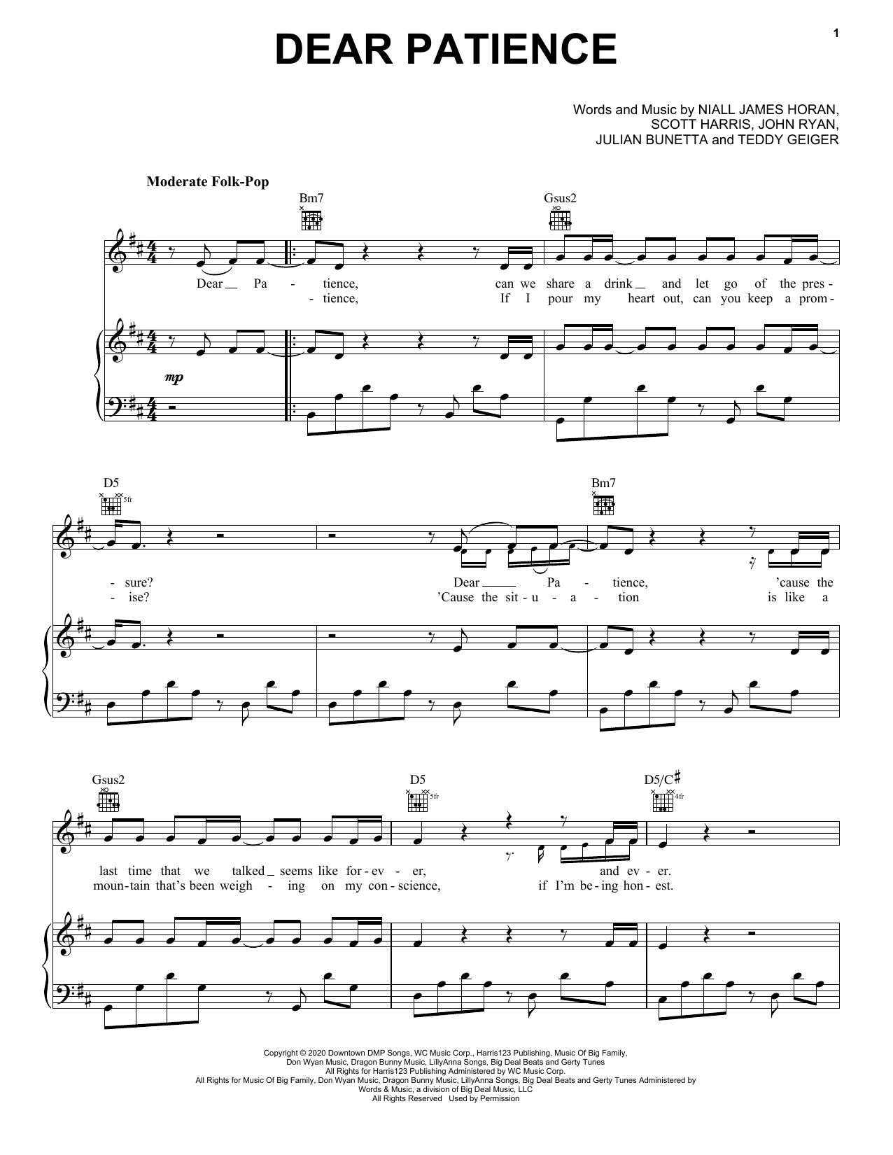 Niall Horan Dear Patience sheet music notes and chords arranged for Piano, Vocal & Guitar Chords (Right-Hand Melody)