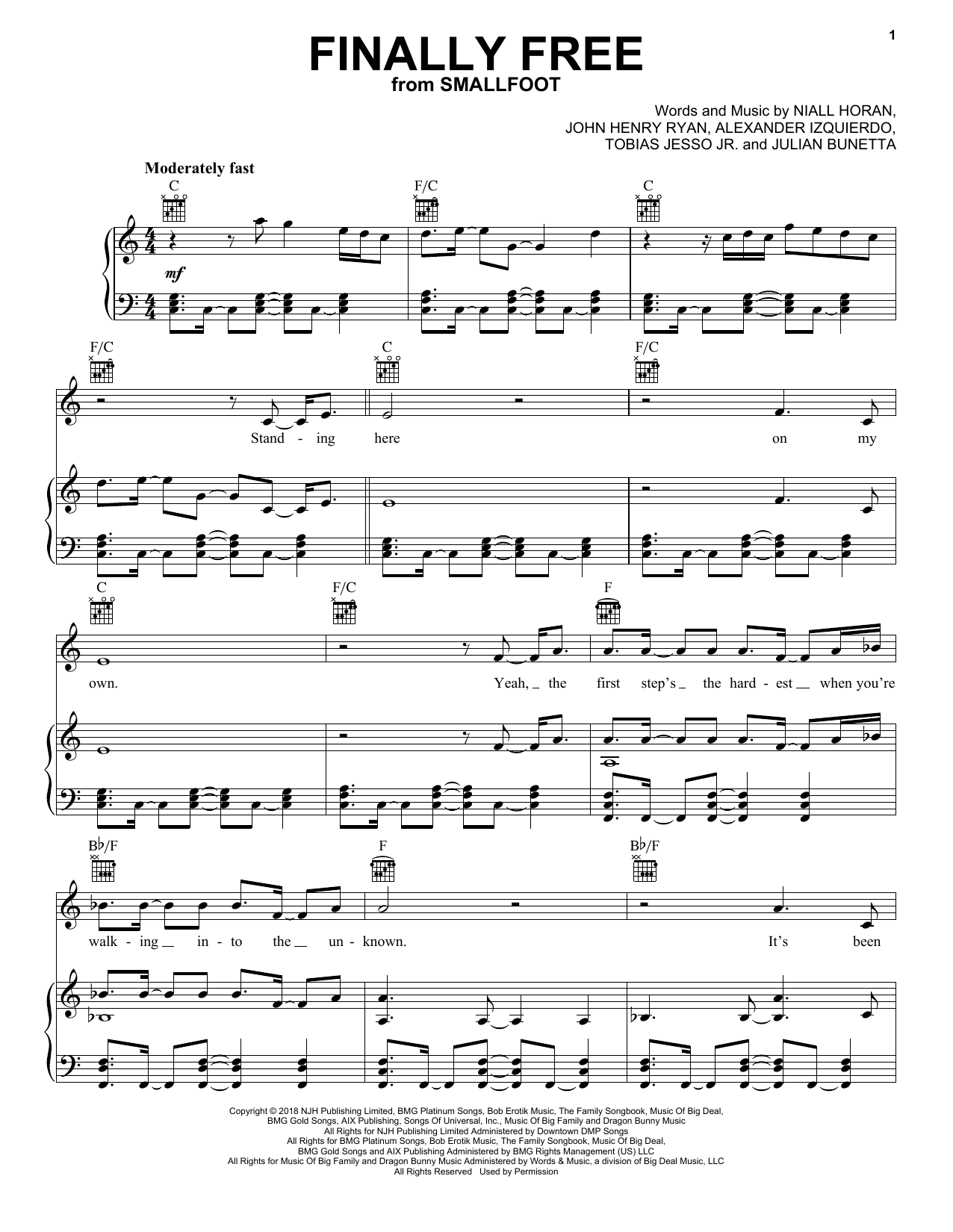 Niall Horan Finally Free (from Smallfoot) sheet music notes and chords arranged for Piano, Vocal & Guitar Chords (Right-Hand Melody)