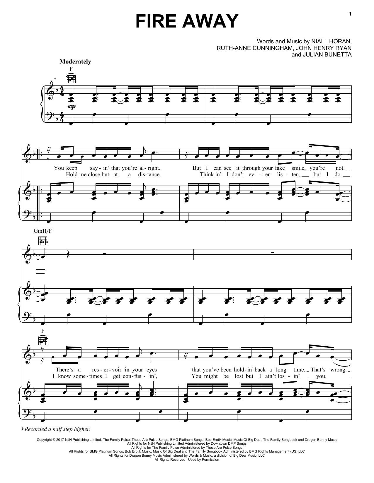 Niall Horan Fire Away sheet music notes and chords arranged for Piano, Vocal & Guitar Chords (Right-Hand Melody)