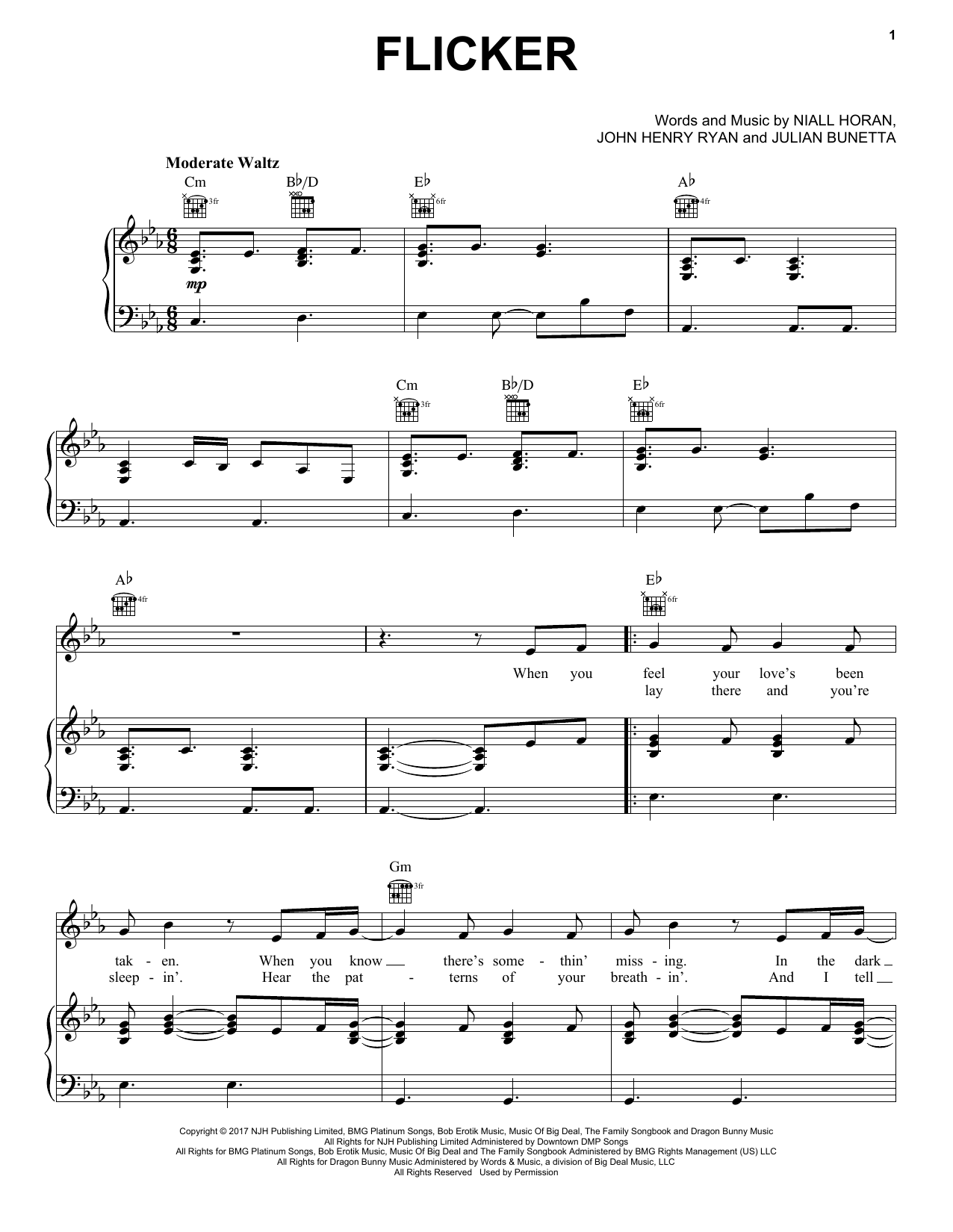 Niall Horan Flicker sheet music notes and chords arranged for Piano, Vocal & Guitar Chords (Right-Hand Melody)