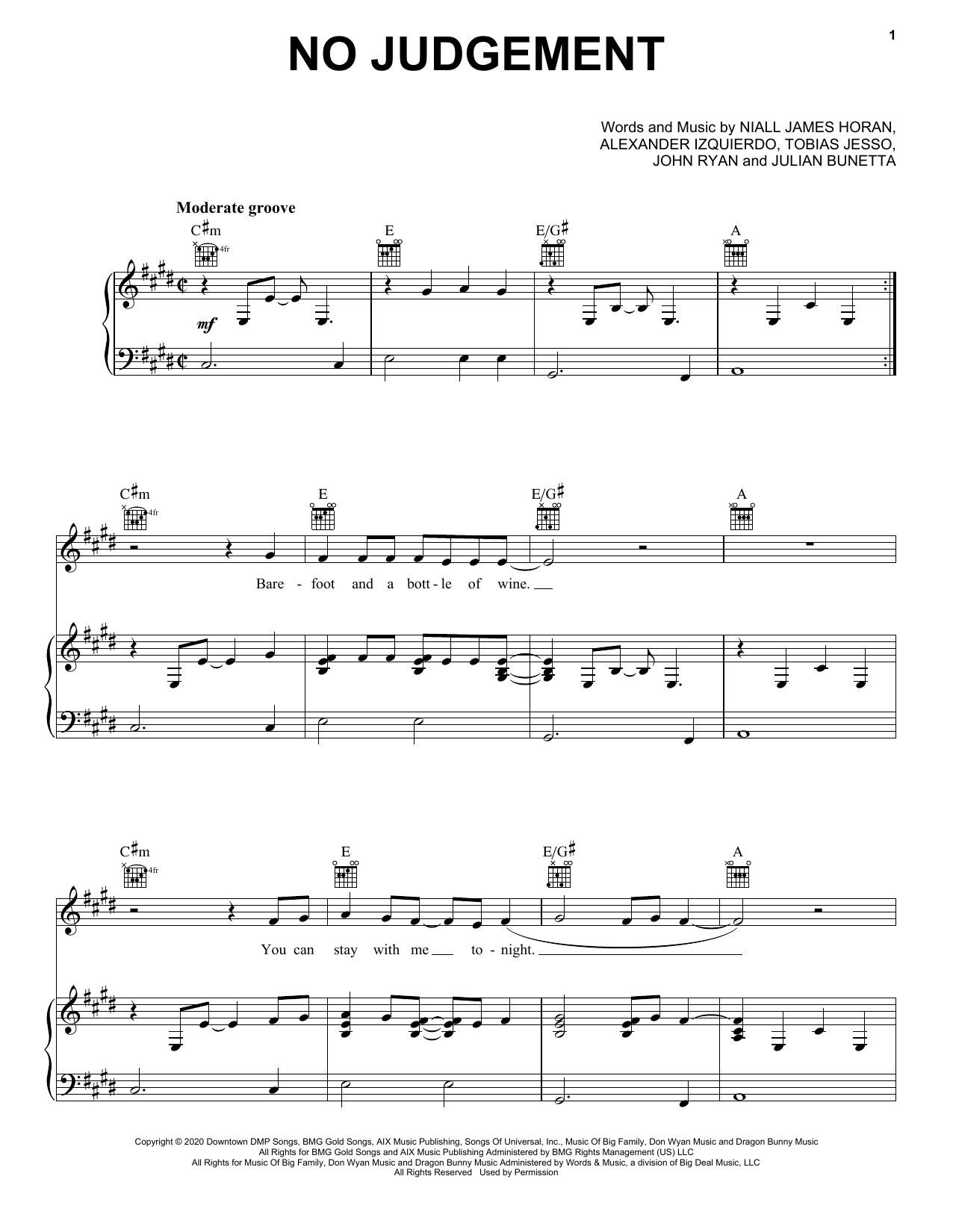 Niall Horan No Judgement sheet music notes and chords arranged for Piano, Vocal & Guitar Chords (Right-Hand Melody)