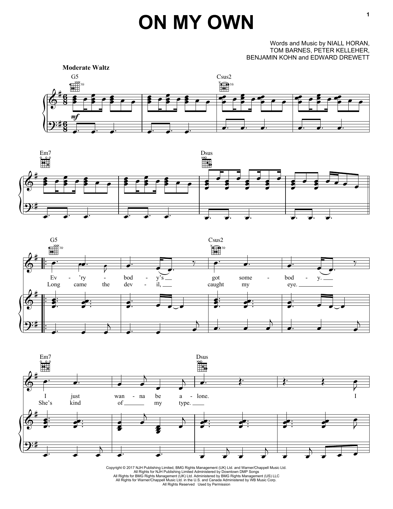 Niall Horan On My Own sheet music notes and chords arranged for Piano, Vocal & Guitar Chords (Right-Hand Melody)