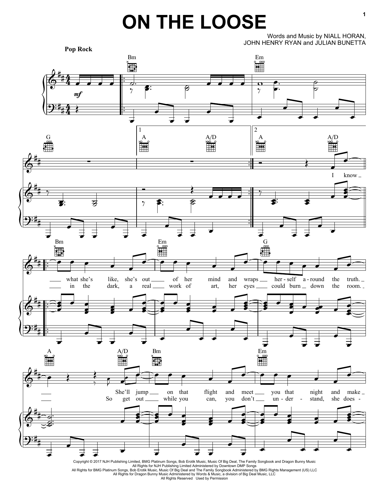 Niall Horan On The Loose sheet music notes and chords arranged for Piano, Vocal & Guitar Chords (Right-Hand Melody)