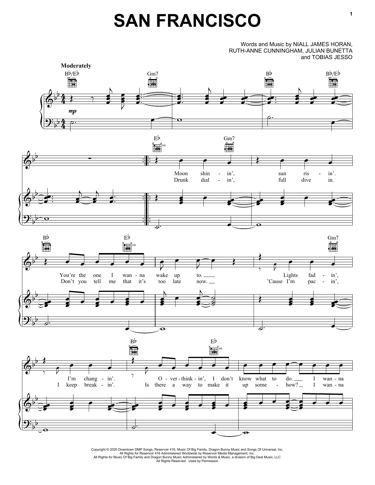 Niall Horan San Francisco sheet music notes and chords arranged for Piano, Vocal & Guitar Chords (Right-Hand Melody)