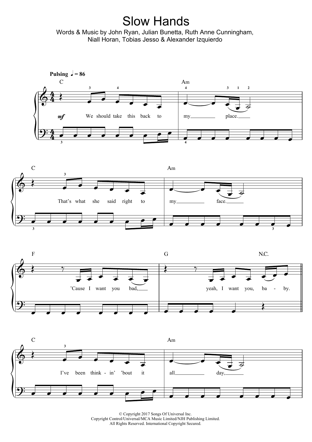 Niall Horan Slow Hands sheet music notes and chords arranged for Beginner Piano