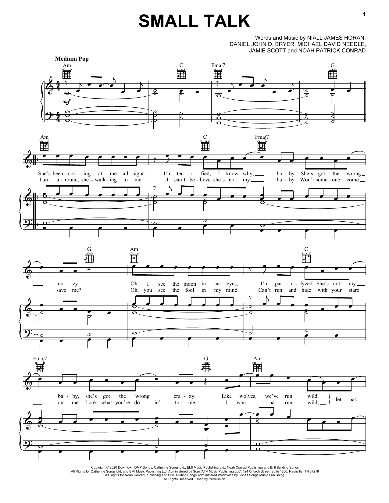 Niall Horan Small Talk sheet music notes and chords arranged for Piano, Vocal & Guitar Chords (Right-Hand Melody)