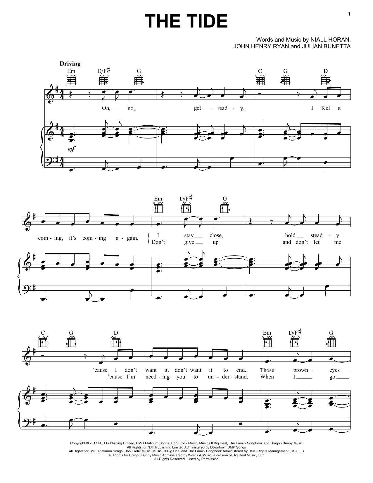 Niall Horan The Tide sheet music notes and chords arranged for Piano, Vocal & Guitar Chords (Right-Hand Melody)