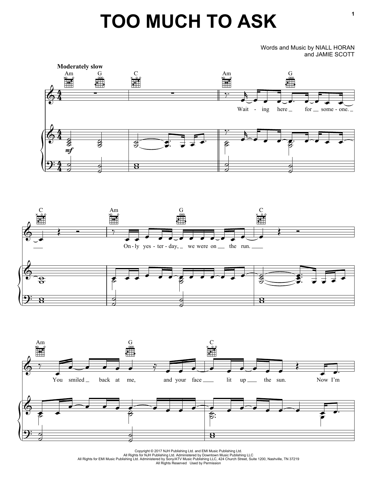 Niall Horan Too Much To Ask sheet music notes and chords arranged for Piano, Vocal & Guitar Chords (Right-Hand Melody)