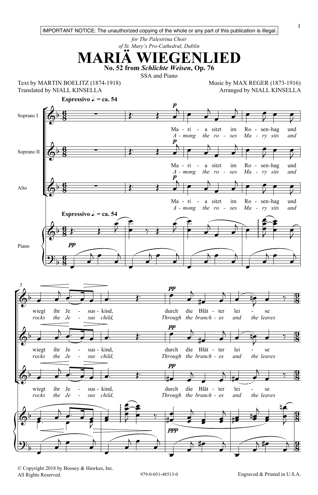 Niall Kinsella Maria Wiegenlied sheet music notes and chords arranged for SSA Choir