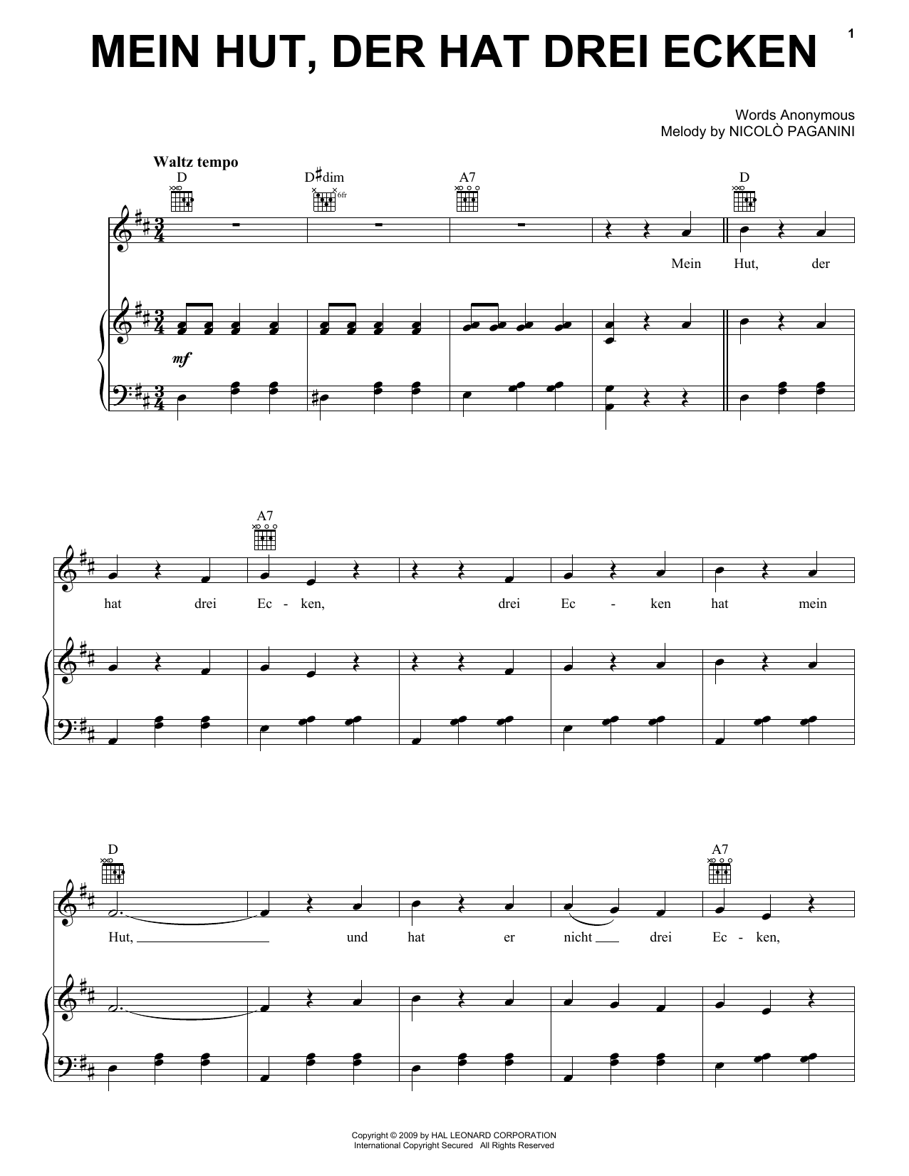Niccolo Paganini Mein Hut, Der Hat Drei Ecken sheet music notes and chords arranged for Piano, Vocal & Guitar Chords (Right-Hand Melody)