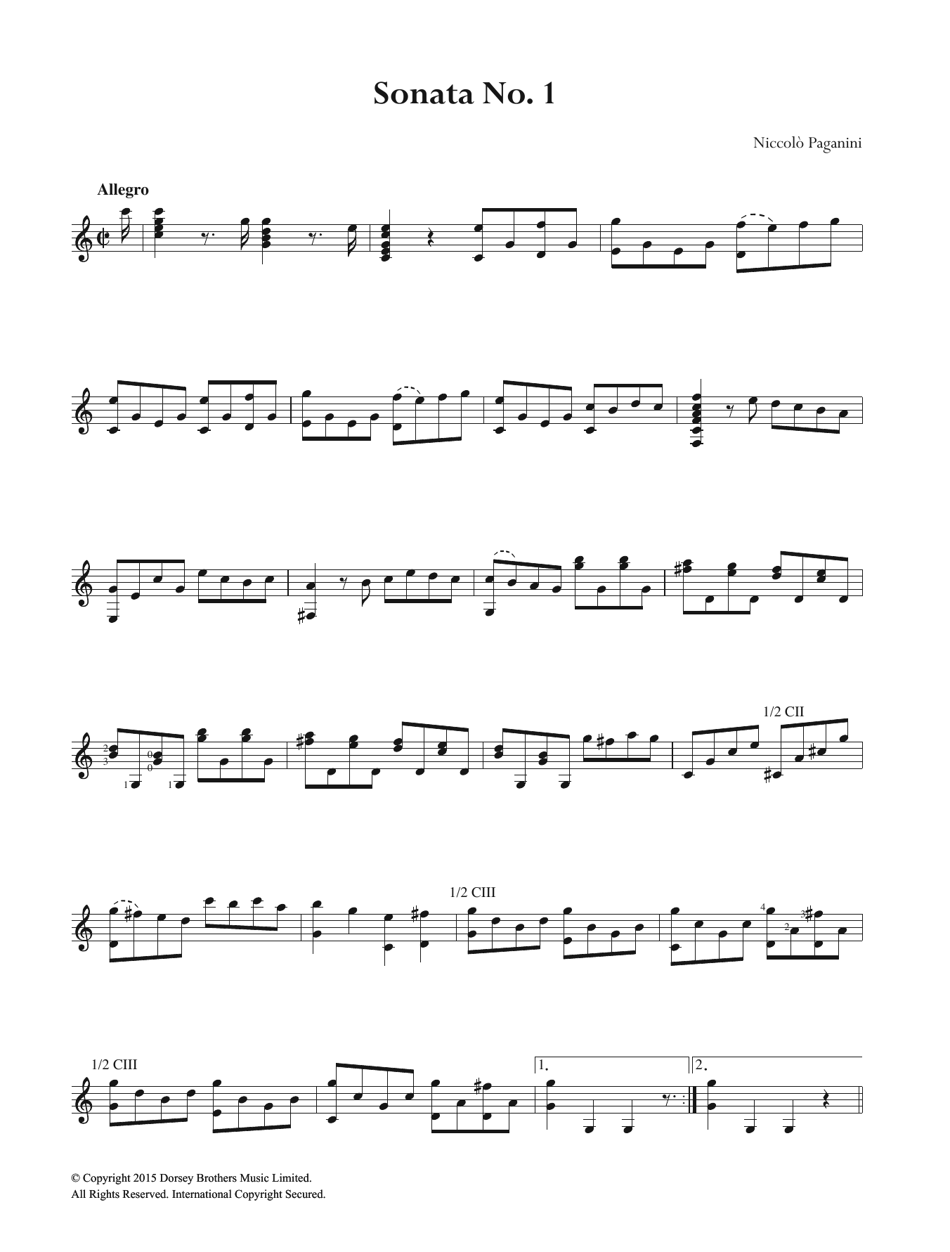 Niccolo Paganini Sonata No. 1 sheet music notes and chords arranged for Easy Guitar