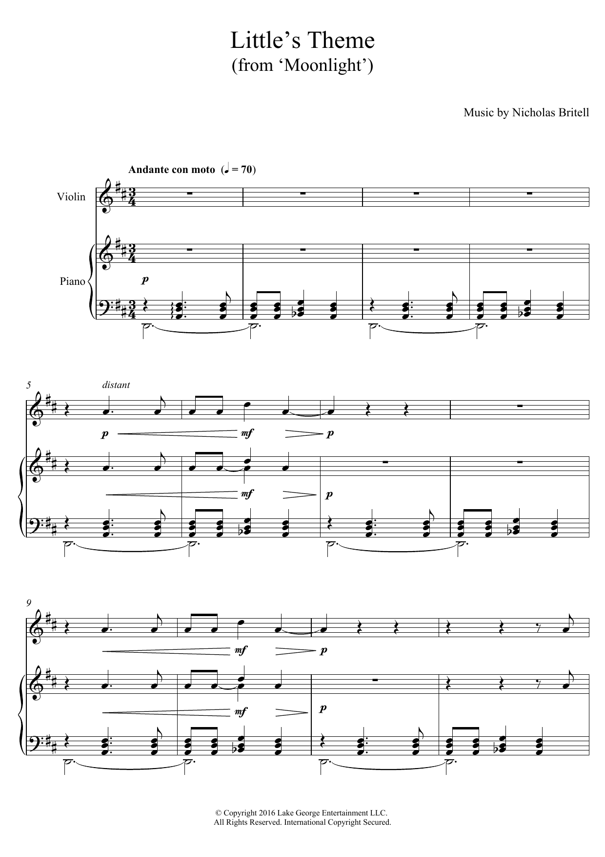 Nicholas Britell Little's Theme (from 'Moonlight') sheet music notes and chords arranged for Violin Solo